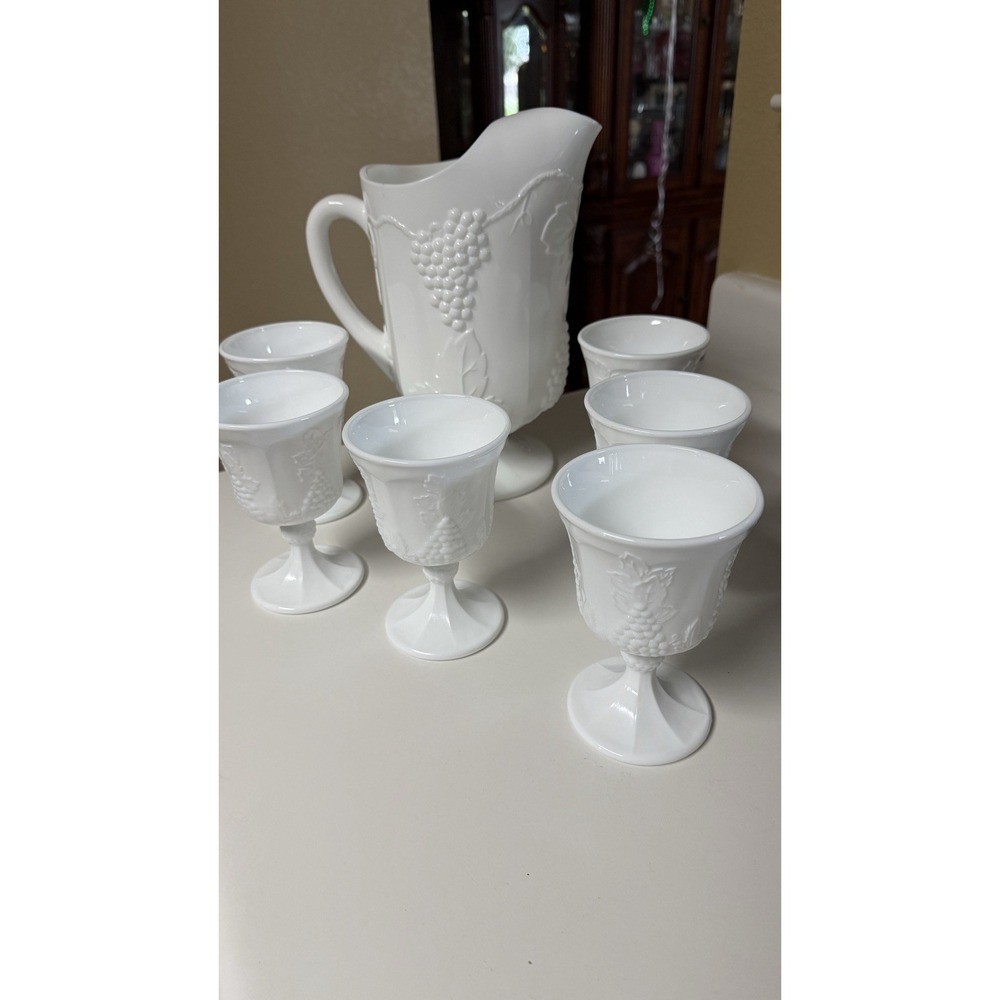 Colony Harvest goblets & pitcher set vintage Indiana Glass white grape glassware